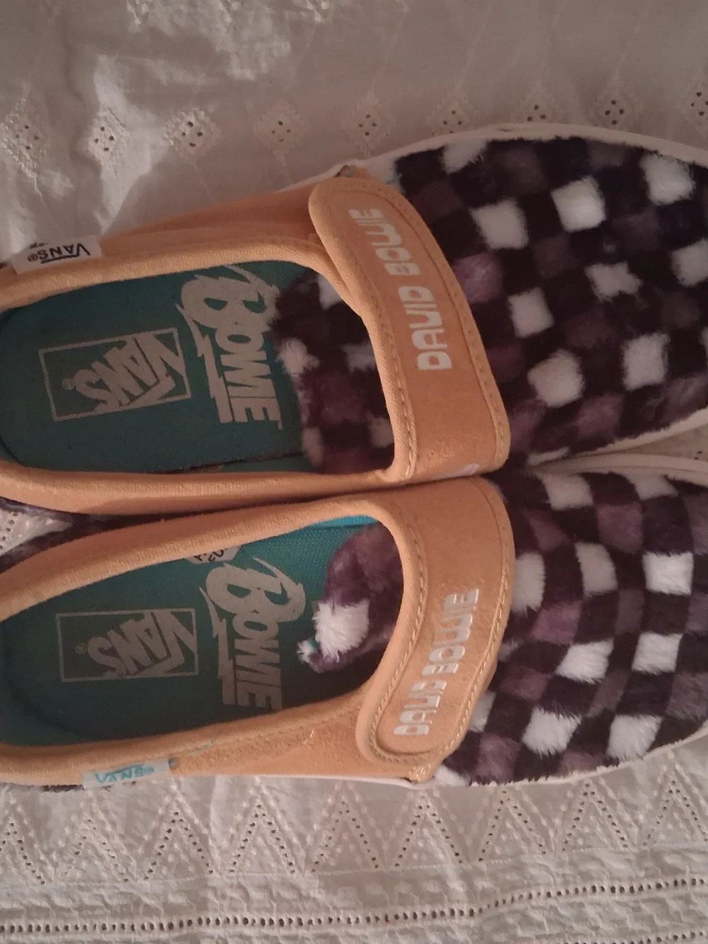 Vans Kids Bowie Checkerboard Plush Slip-On in Black, White and Tan
